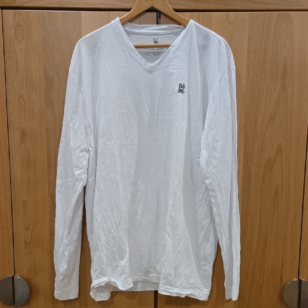 Psycho Bunny White Long Sleeve V-Neck Tee, VGUC, Made In Peru